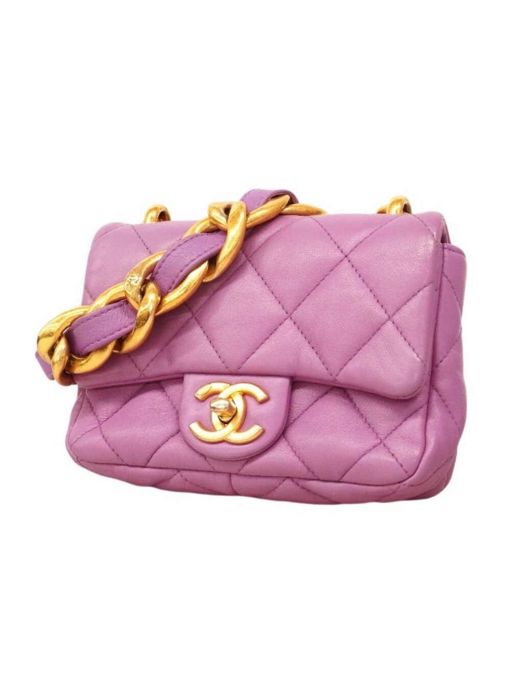 Chanel Shoulder Bag Mini Quilted Lambskin Purple Gold